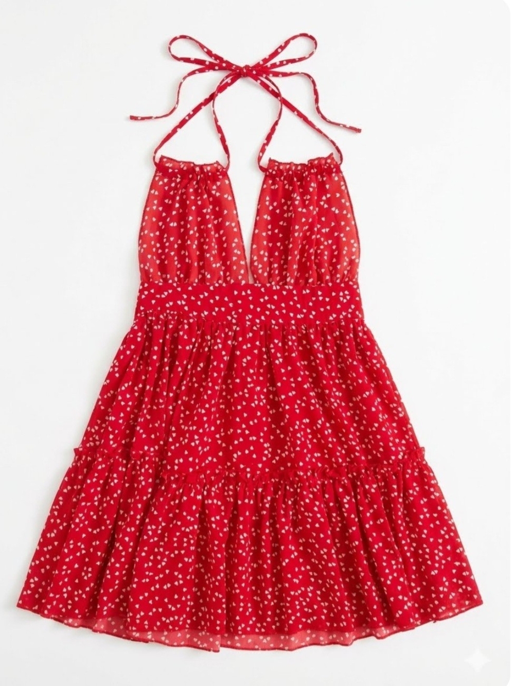 SHEIN Red Halter Backless Mini Dress with White Heart Print